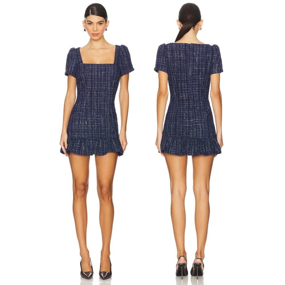 More To Come Charlene Mini Dress Tweed Puff Sleeve Ruffle Party Cocktail Blue S